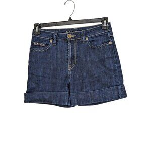Vintage Women Jean Denim Shorts Bling Pockets Cuffed Dark Wash Size 8 Euro 38